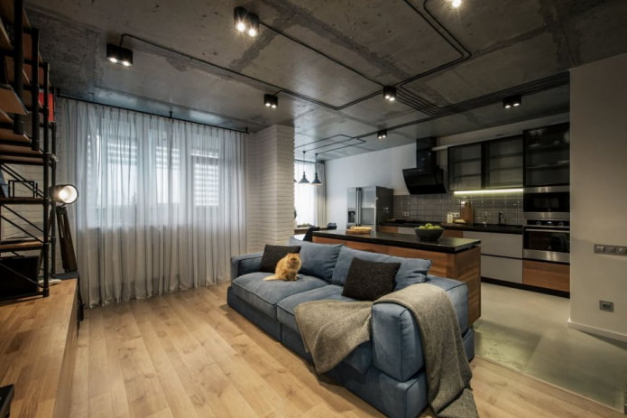 cortinas en la sala de estar en estilo loft