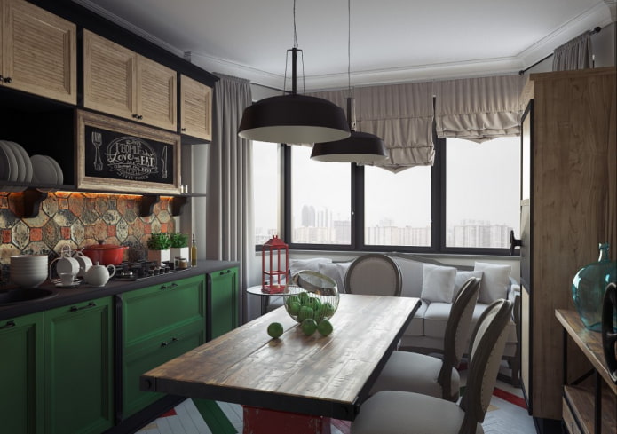 combinación de cortinas de diferentes longitudes en el interior