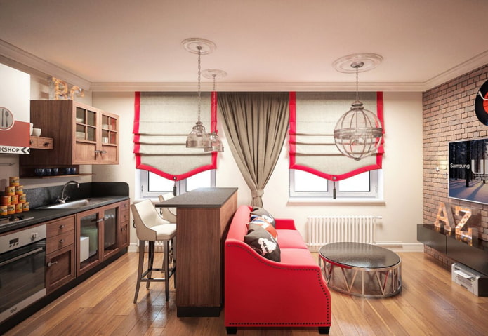 combinación de cortinas de diferentes longitudes en el interior