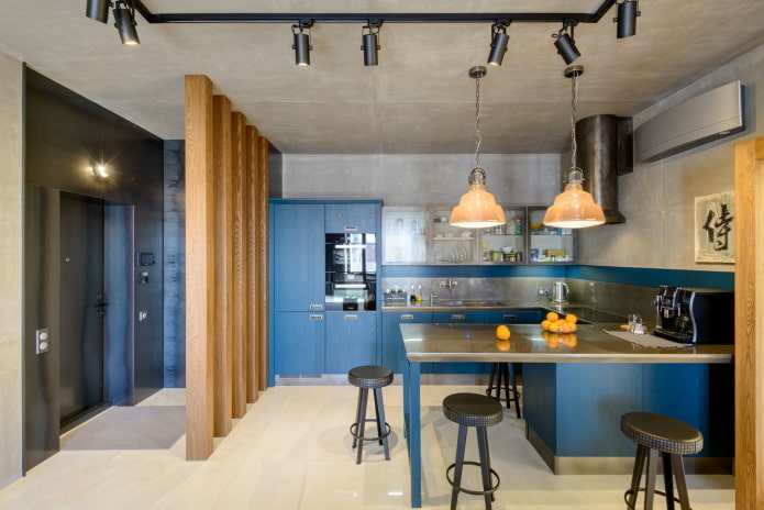 cocina en tonos azules en estilo loft