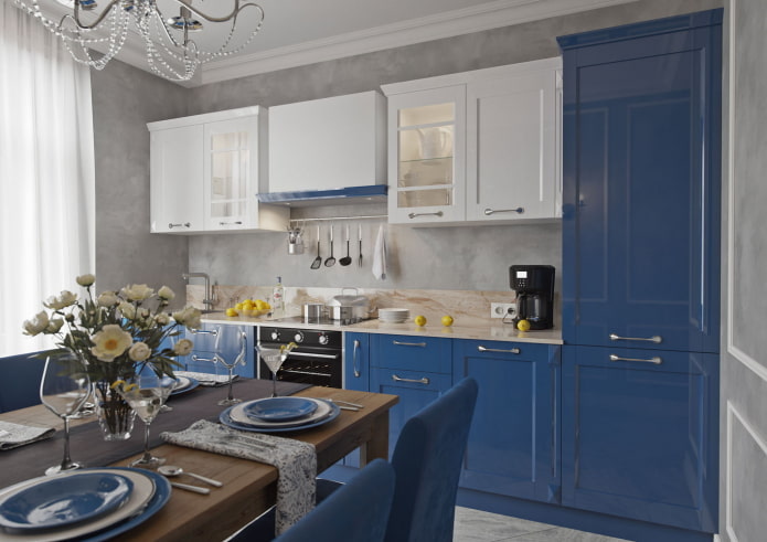 cocina en tonos azules de estilo neoclásico