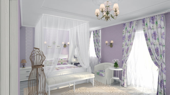 cortinas con una combinación de lila y blanco