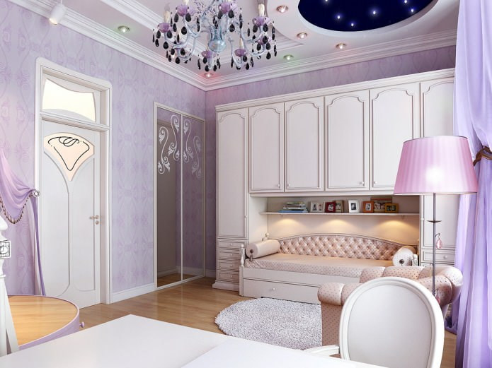 Habitación infantil lila de estilo clásico