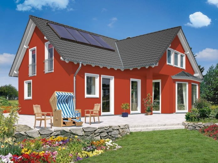 casa roja con techo gris