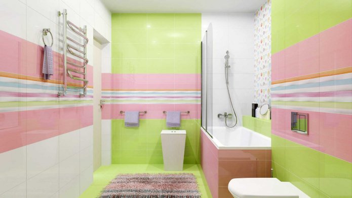 blanco, verde claro, rosa y azul en la decoración del baño