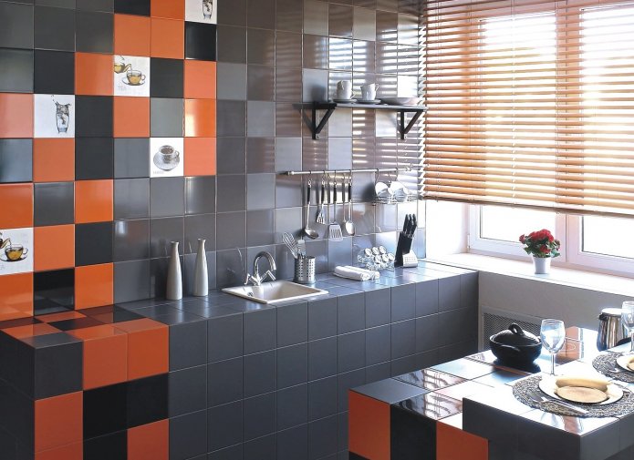 negro, blanco, gris y naranja en la decoración de la cocina