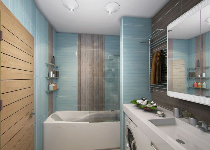 azul, beige y gris-marrón en la decoración del baño