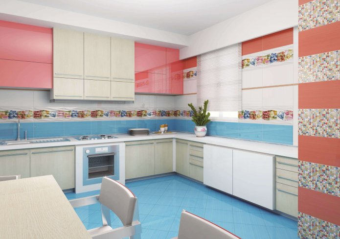 rayas estampadas en una cocina blanca, melocotón y azul