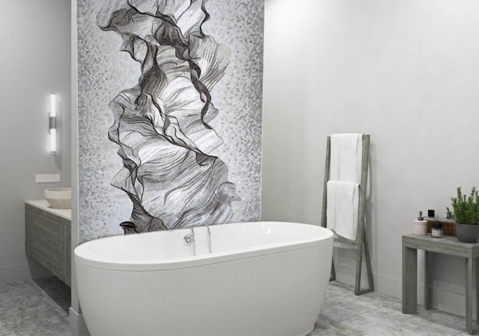 panel de mosaico en Un baño en blanco y negro