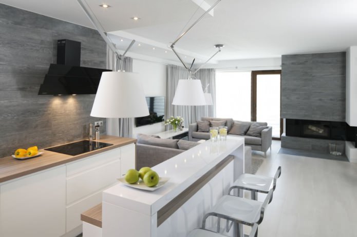 Diseño de una moderna cocina-salón con barra