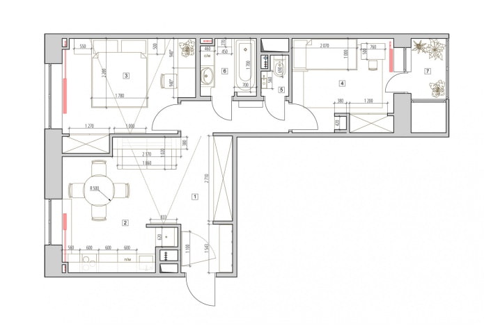 Distribución de un apartamento de dos habitaciones de 52 m².