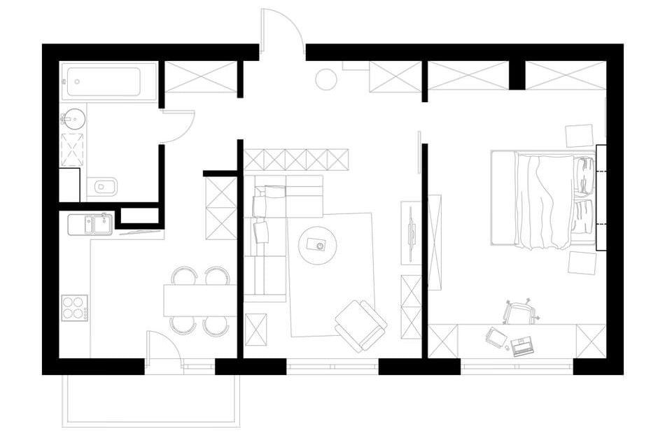 Diseño de un apartamento de dos habitaciones de 57 m².