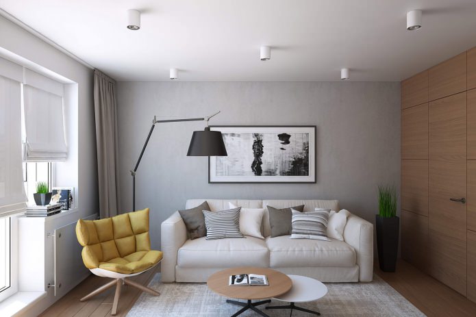 Diseño de un salón en un apartamento de una habitación de 43 m².