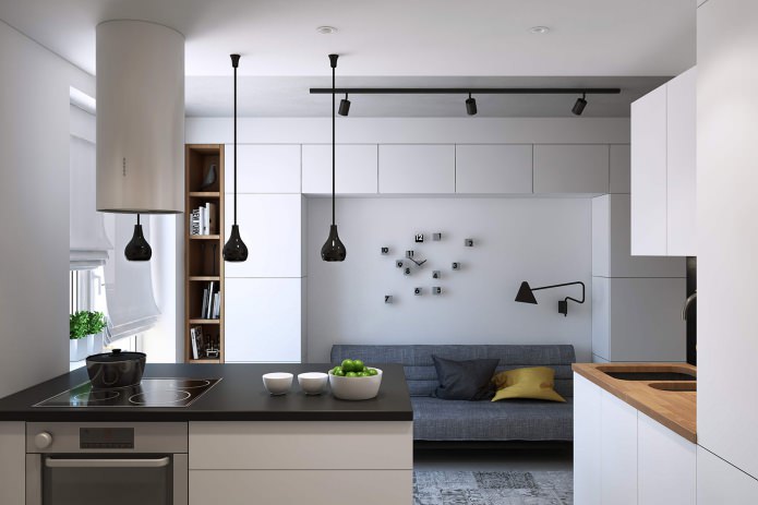 Diseño de cocina-salón en un apartamento de una habitación de 43 m².