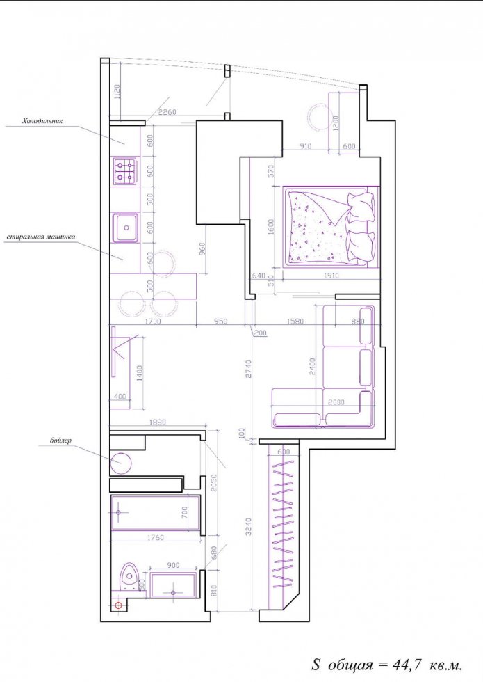 Diseño de un apartamento de una habitación de 45 m².
