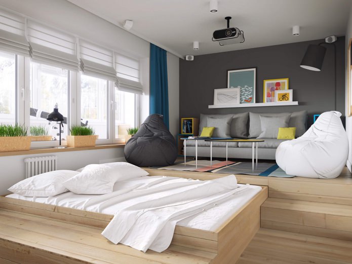 Salón-dormitorio con diseño de apartamento de una habitación de 37 m².