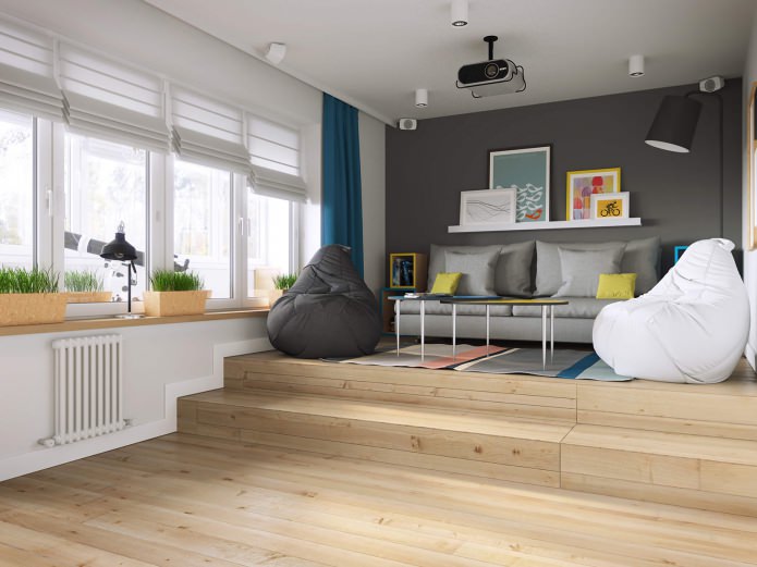 Sala de estar en el diseño de un apartamento de una habitación de 37 m².