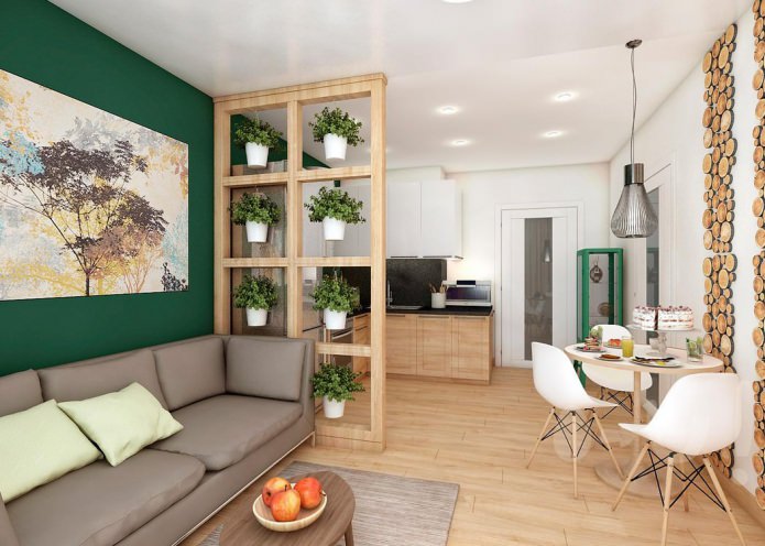 Interior de cocina y salón en estilo ecológico