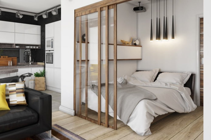 Puertas correderas en el interior de la cocina-dormitorio