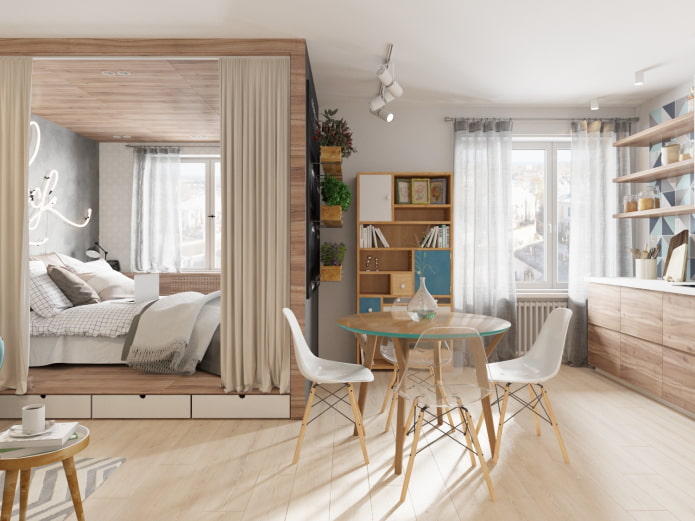 área para dormir detrás de las cortinas en el interior de la cocina