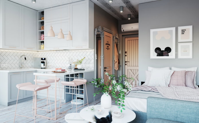 diseño de interiores de cocina y dormitorio