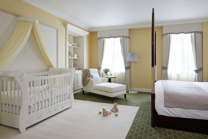 Zonificación visual de un dormitorio y una habitación infantil combinados