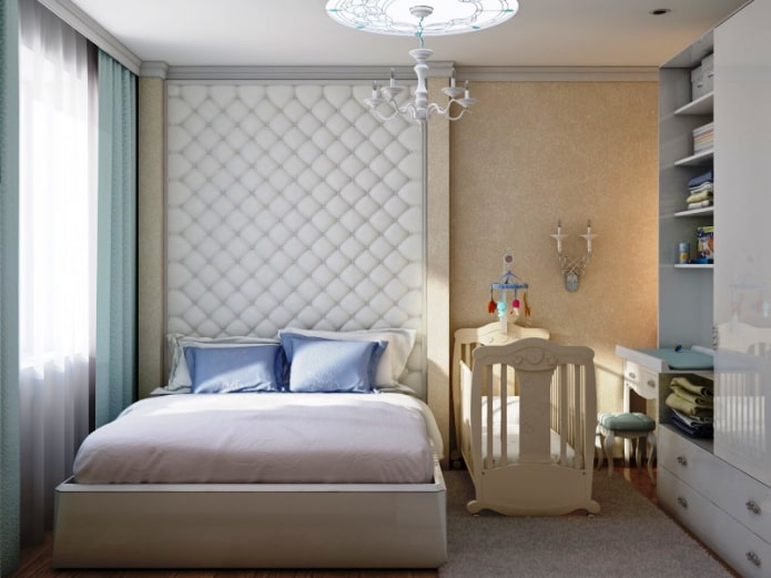 zonificación visual de un dormitorio y una habitación infantiles combinados