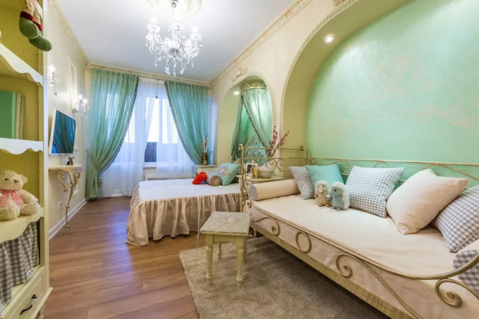 Zonificación visual de un dormitorio y una habitación infantil combinados