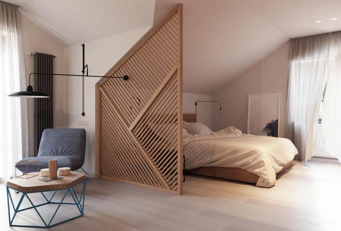 Zonificación de la zona de dormir en el interior de un dormitorio abuhardillado