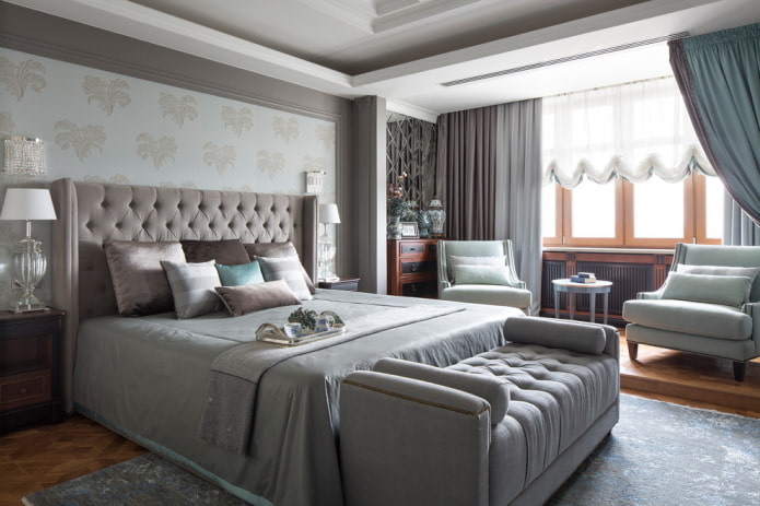 arrangement of furniture in a bedroom combined with a loggia