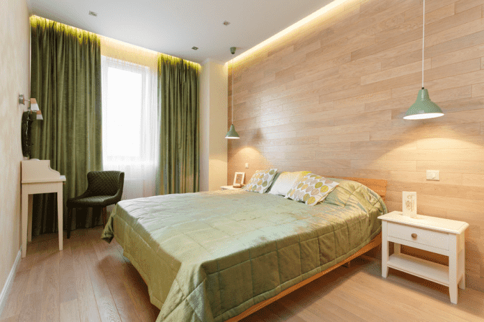 Interior de un dormitorio beige de estilo ecológico