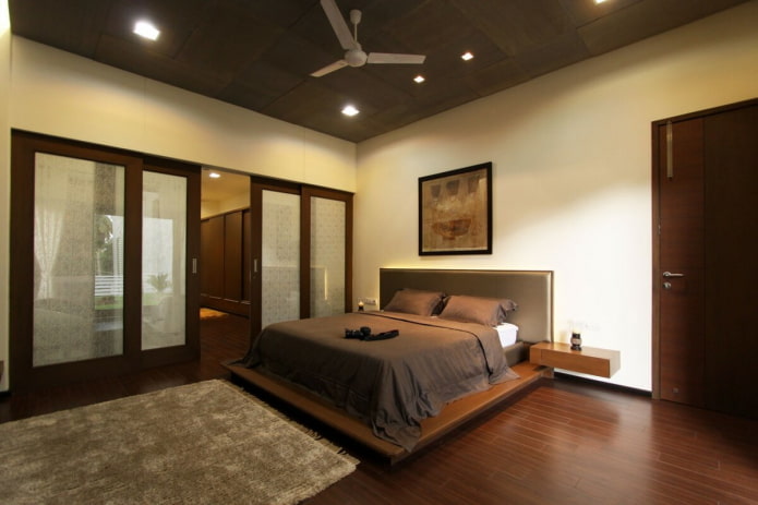 interior de dormitorio en beige y marrón