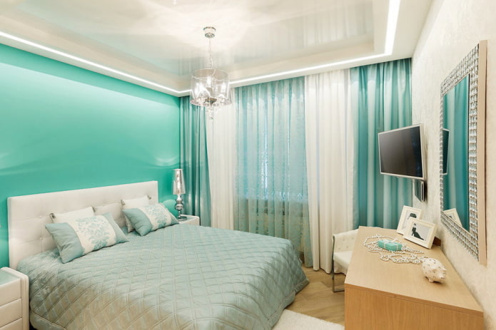 interior de un dormitorio blanco y turquesa