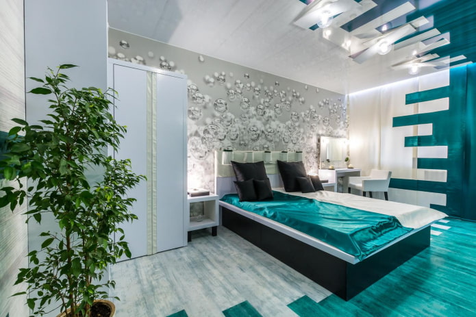 interior de un dormitorio blanco y turquesa