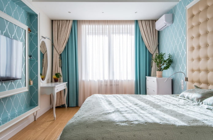 Interior de dormitorio beige y azul