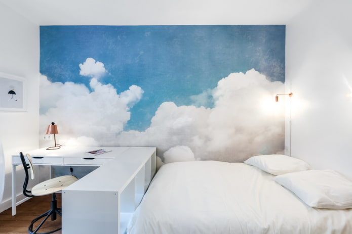 interior de dormitorio blanco y azul