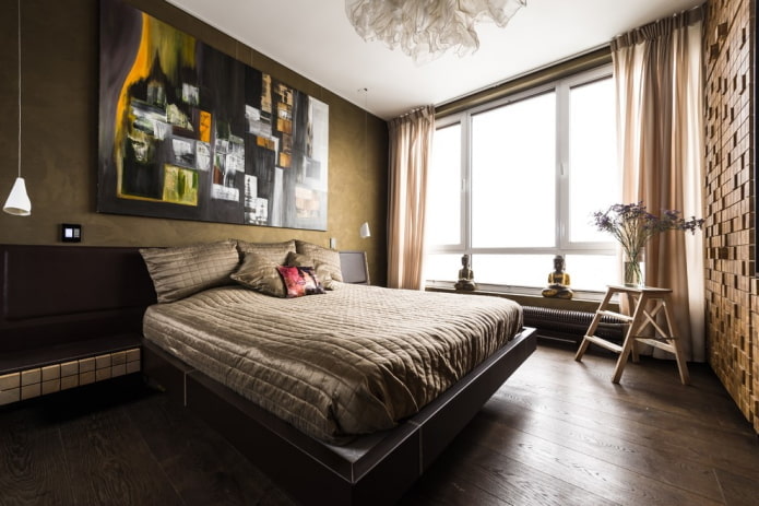 Decoración e iluminación en el interior de un dormitorio marrón