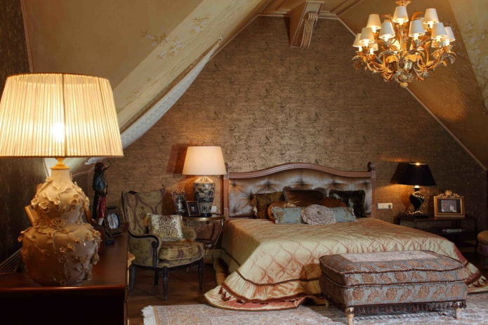 Interior de dormitorio marrón de estilo victoriano