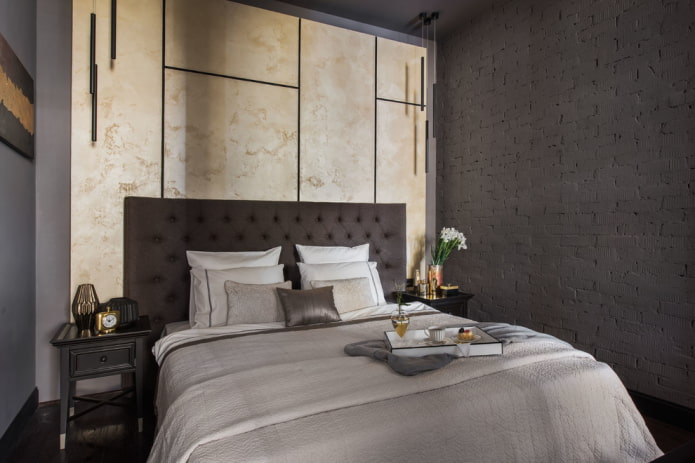 Interior de dormitorio en gris y beige