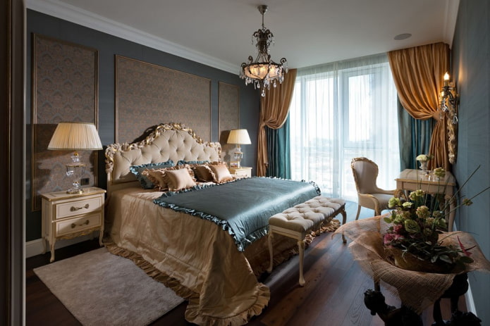 dormitorio gris con detalles brillantes