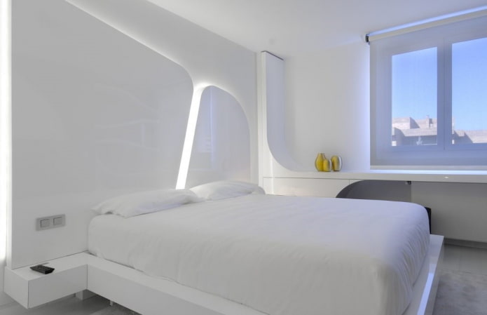 dormitorio blanco como la nieve en estilo de alta tecnología