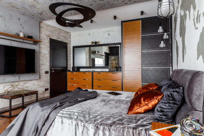 muebles en el interior de un dormitorio de estilo industrial