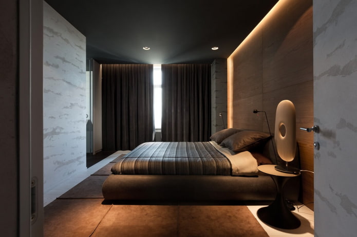 dormitorio minimalista con techo negro