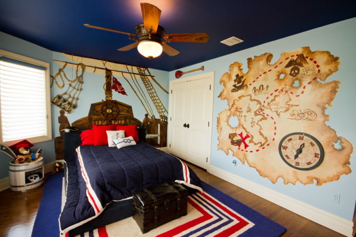 Revestimiento de pared en una habitación infantil de estilo marinero