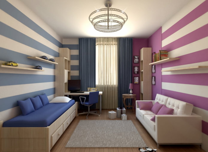 Diseño de pared en una habitación para niños de diferentes sexos