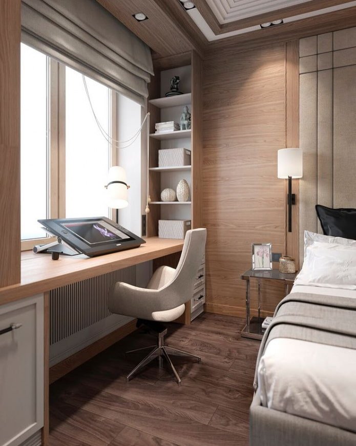Alféizar de ventana que se convierte en mesa con tablero de madera