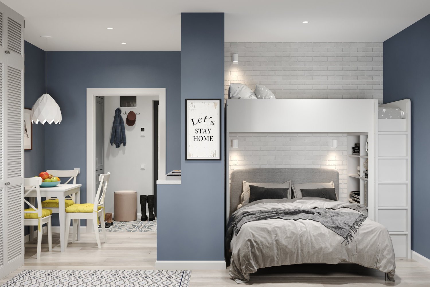 Interior de un pequeño estudio de 29 m² para una familia con un niño