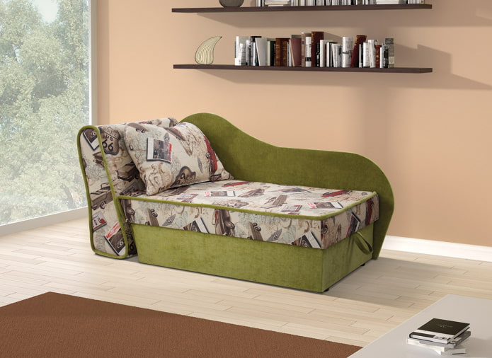Cama de día con tapizado de tela en el interior