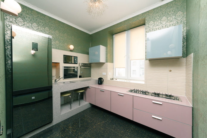 papel pintado de tela verde en la cocina
