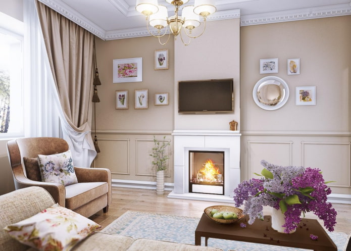 Panel de TV sobre la chimenea en un interior de estilo provenzal